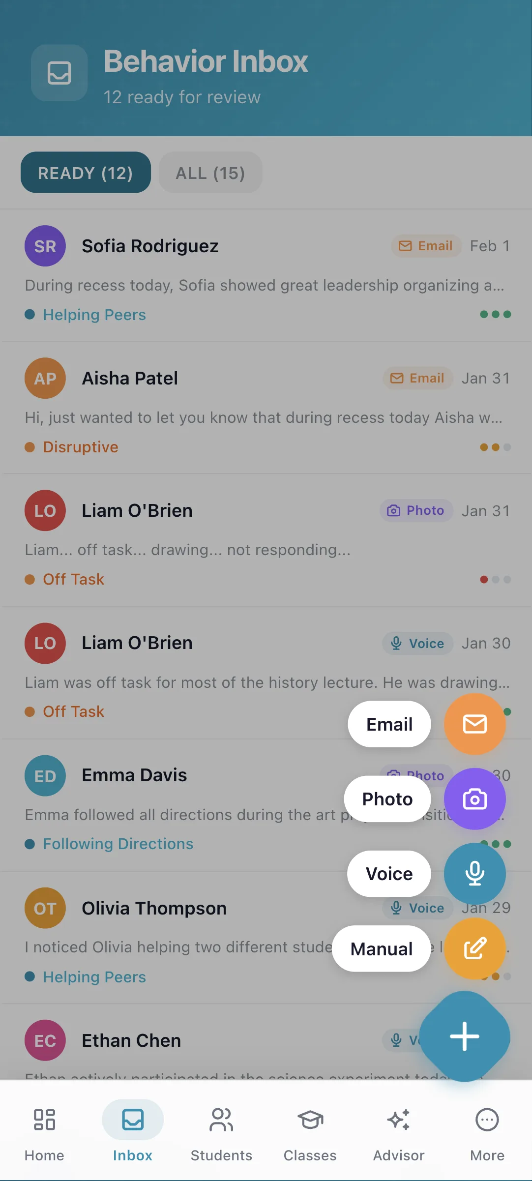 BrighterBalance Behavior Inbox on mobile showing email, photo, voice, and manual capture