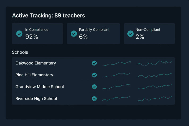 District admin dashboard showing school-wide behavior trends and compliance metrics